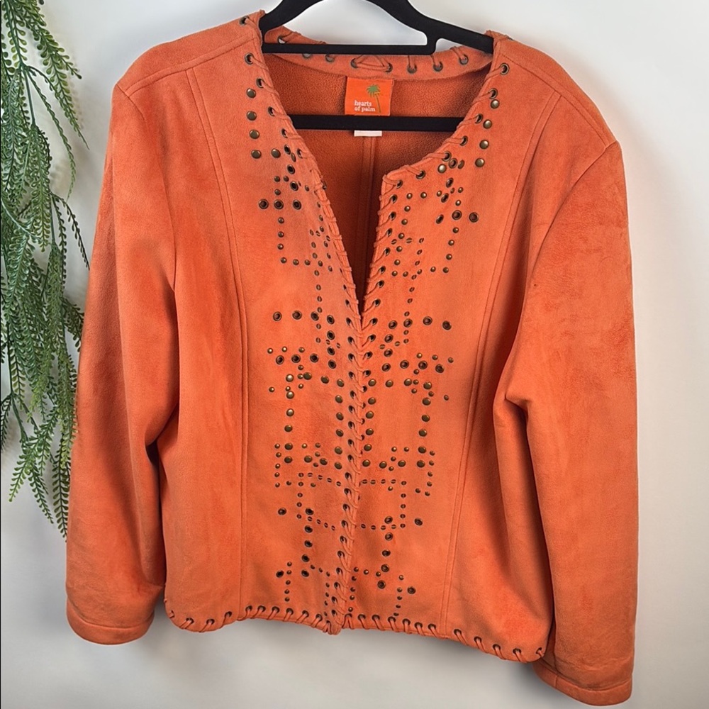 Hearts of Palm Orange Faux suede Jacket with Studded V-Neck